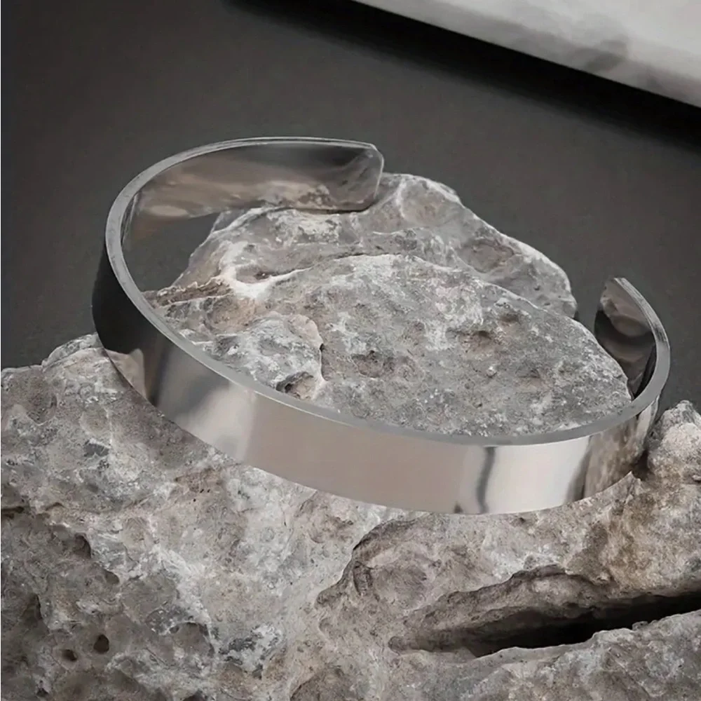 NWT Mens Stainless Steel Cuff Bracelet Set Black Silver Minimalist Bangle 2Pcs